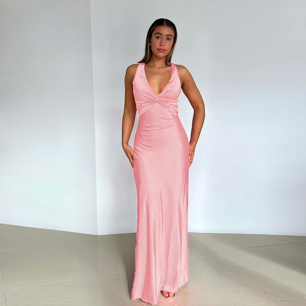 Satijnen Maxi Jurk - Elegante Vrouwenjurk met V-Hals en Rugloze Party Dress-Boetiek Moda