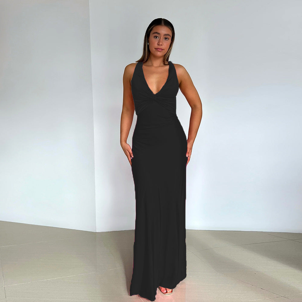 Satijnen Maxi Jurk - Elegante Vrouwenjurk met V-Hals en Rugloze Party Dress-Boetiek Moda