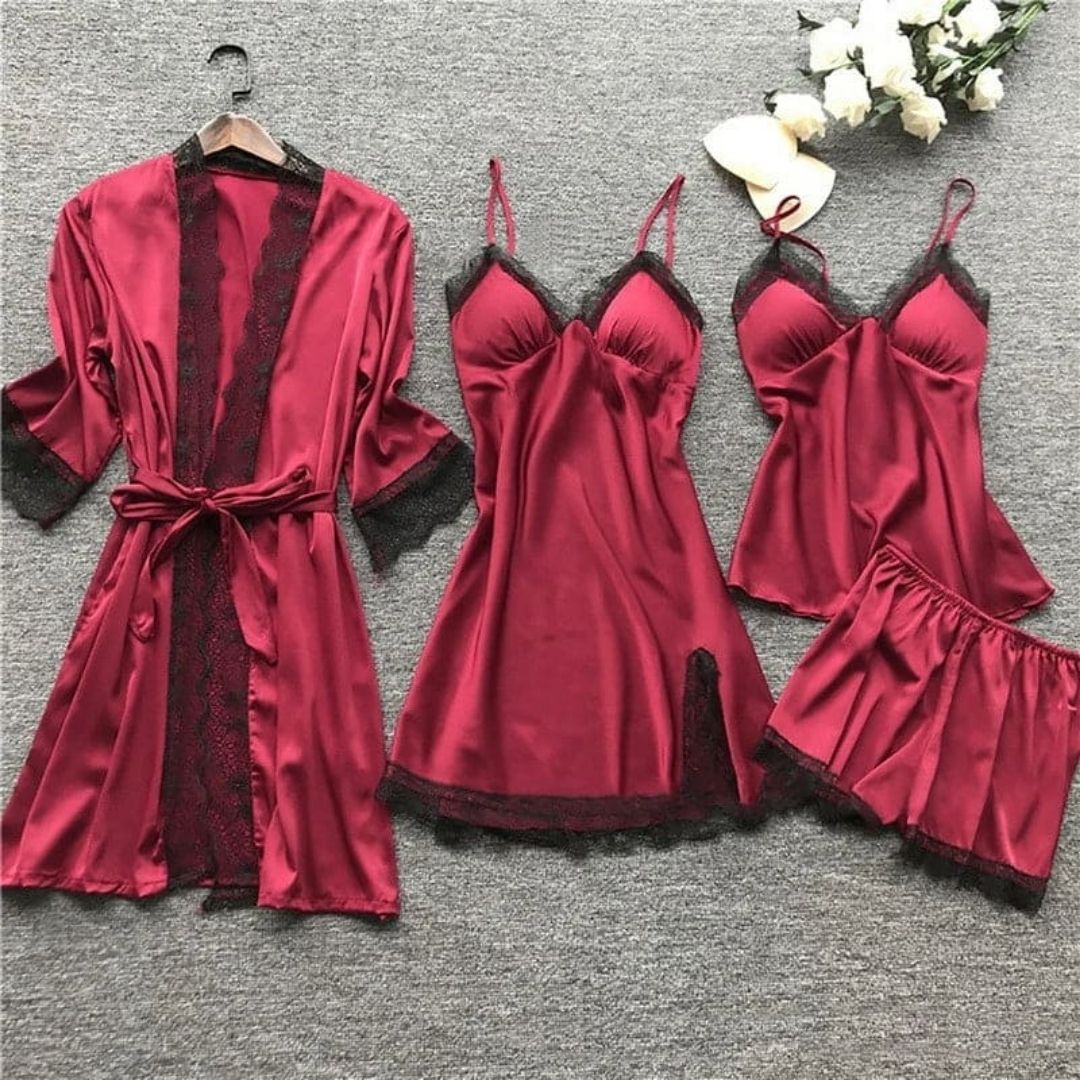 Satijnen pyjama - 4-delig - ochtendjas - nachtjapon - satijnen pyjama set-Boetiek Moda