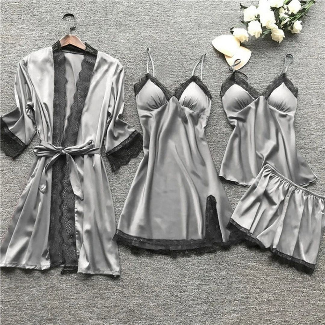 Satijnen pyjama - 4-delig - ochtendjas - nachtjapon - satijnen pyjama set-Boetiek Moda