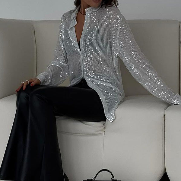 Sequin Blouse - Damesblouse met lange mouwen en knopen, glinsterend-Boetiek Moda