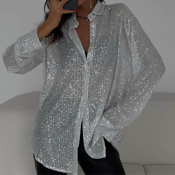 Sequin Blouse - Damesblouse met lange mouwen en knopen, glinsterend-Boetiek Moda