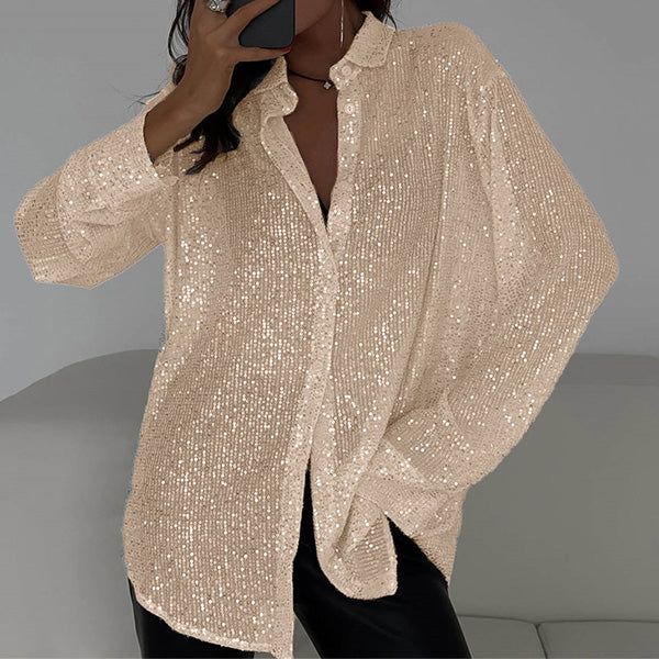 Sequin Blouse - Damesblouse met lange mouwen en knopen, glinsterend-Boetiek Moda