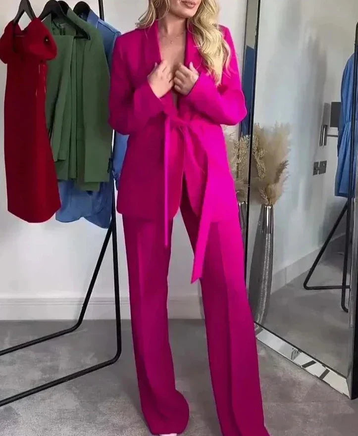 Set broeken en blazers | Wijde pijpen | Riem | Tweedelige set | Kostuum Coordinatie voor dames-Boetiek Moda