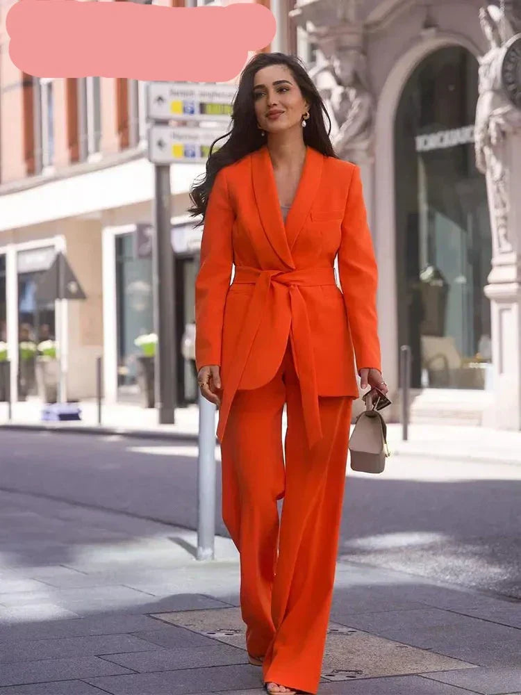 Set broeken en blazers | Wijde pijpen | Riem | Tweedelige set | Kostuum Coordinatie voor dames-Boetiek Moda