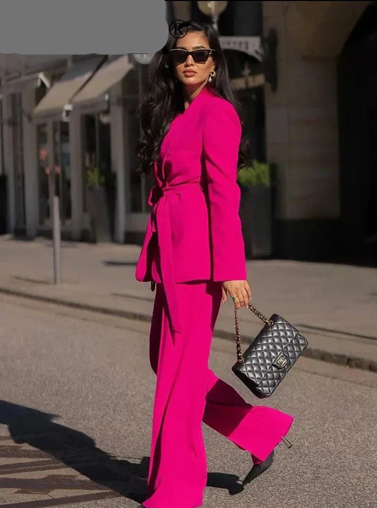 Set broeken en blazers | Wijde pijpen | Riem | Tweedelige set | Kostuum Coordinatie voor dames-Boetiek Moda