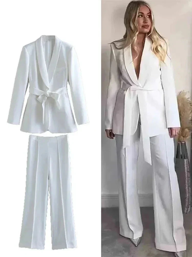 Set broeken en blazers | Wijde pijpen | Riem | Tweedelige set | Kostuum Coordinatie voor dames-Boetiek Moda