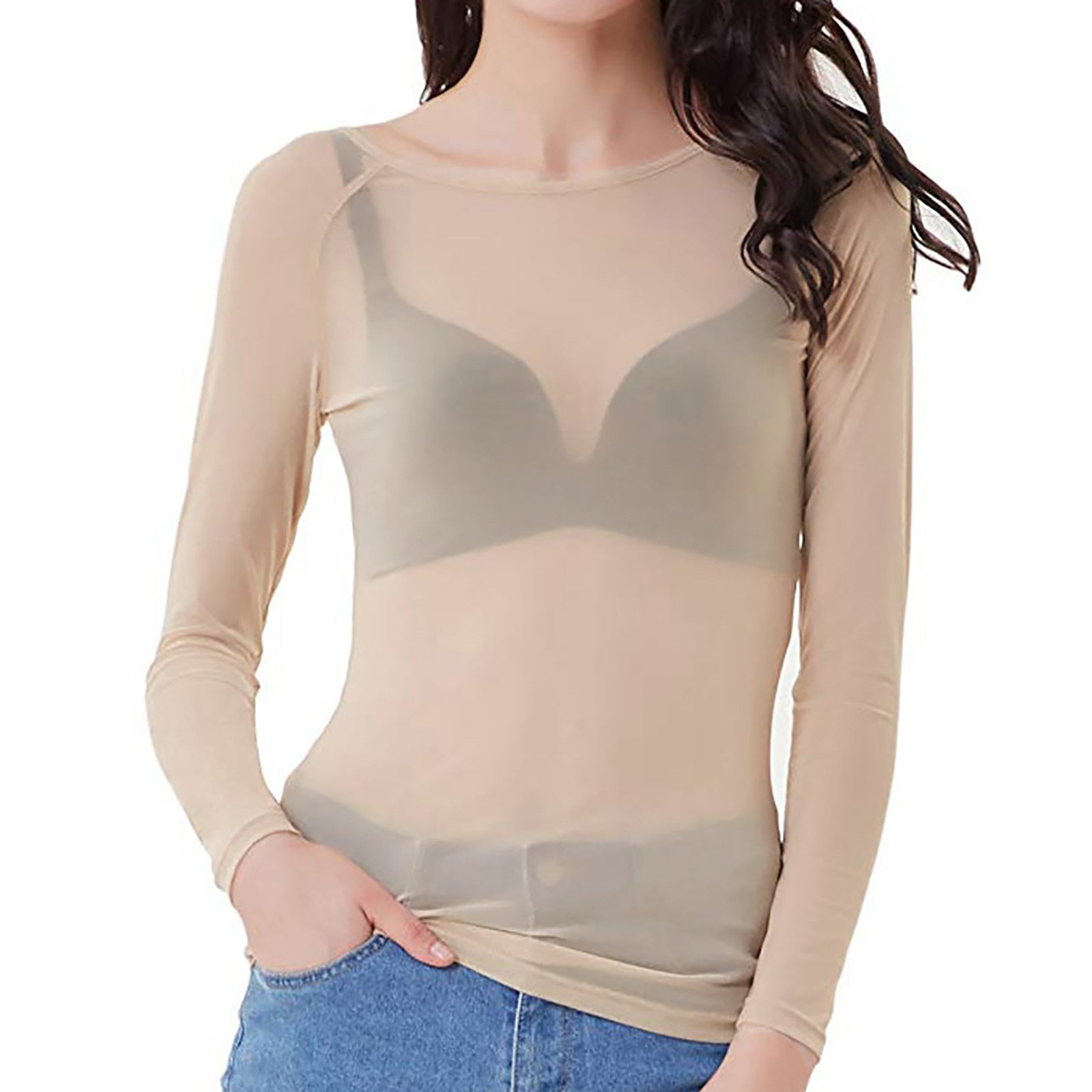Sheer Top met lange mouwen - Zwart - Wit - Mesh Top met lange mouwen - Dameskleding-Boetiek Moda