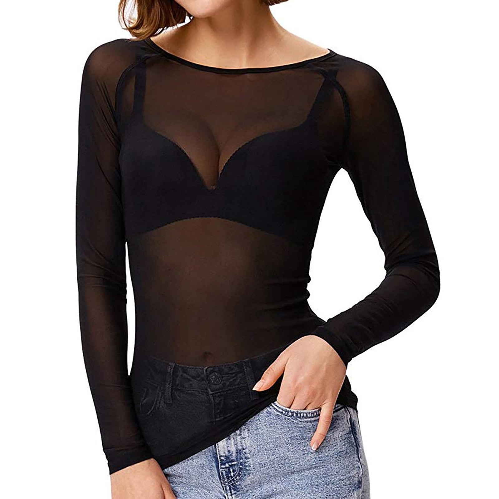 Sheer Top met lange mouwen - Zwart - Wit - Mesh Top met lange mouwen - Dameskleding-Boetiek Moda