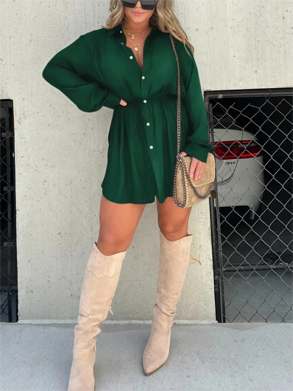 Shirtjurk | Mini | Knoopsluiting | Jurk met lange mouwen | Satijnen jurk-Boetiek Moda