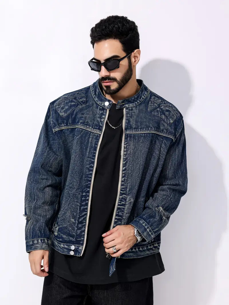 Spijkerjasje - Donkerblauw spijkerjasje met rits voor mannen-Boetiek Moda