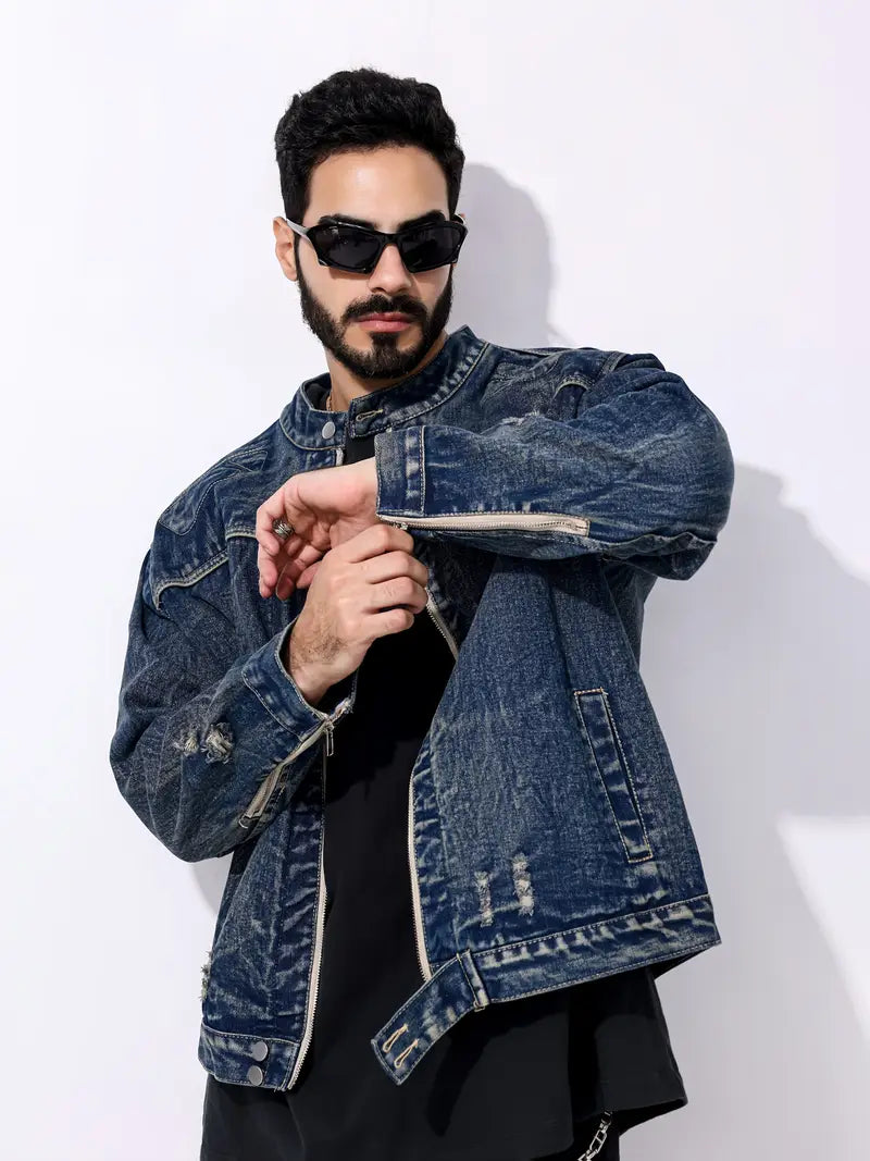 Spijkerjasje - Donkerblauw spijkerjasje met rits voor mannen-Boetiek Moda