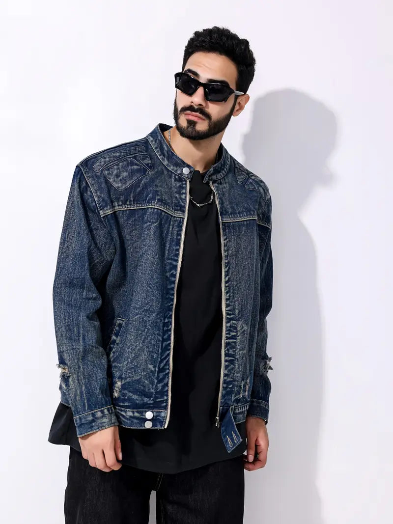 Spijkerjasje - Donkerblauw spijkerjasje met rits voor mannen-Boetiek Moda