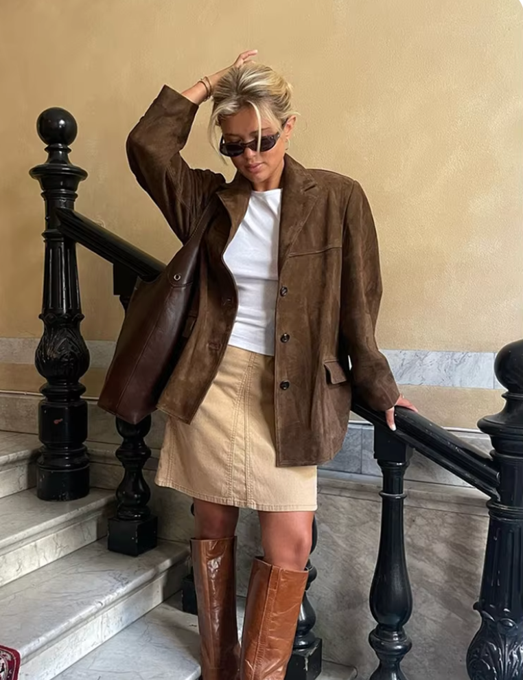 Suède Jas | Bruin | Vintage | Oversized Jas | Damesjas-Boetiek Moda