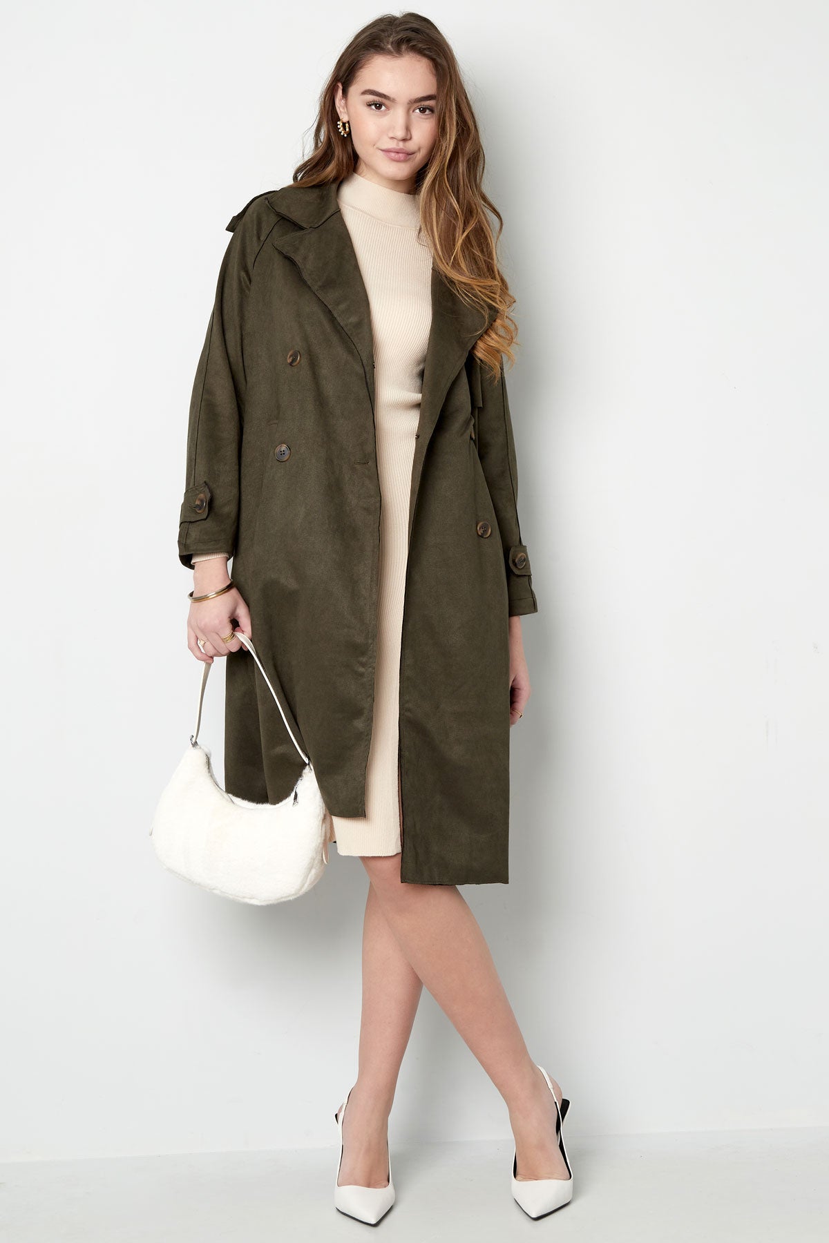 Suède Trenchcoat | Halflang | Herfst | Trenchcoat met dubbele knoopsluiting | Trenchcoat voor dames-Boetiek Moda