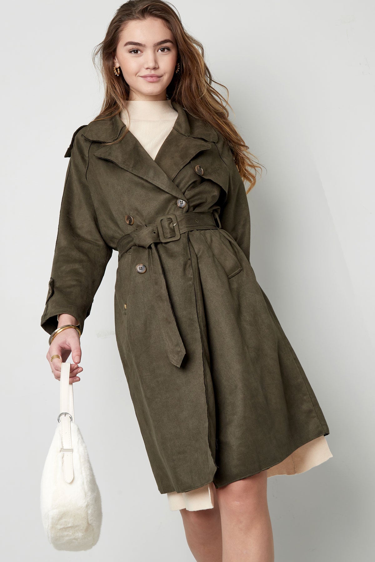 Suède Trenchcoat | Halflang | Herfst | Trenchcoat met dubbele knoopsluiting | Trenchcoat voor dames-Boetiek Moda