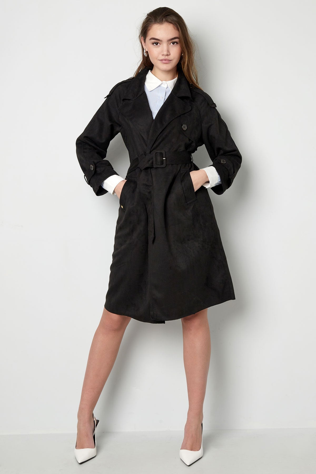 Suède Trenchcoat | Halflang | Herfst | Trenchcoat met dubbele knoopsluiting | Trenchcoat voor dames-Boetiek Moda