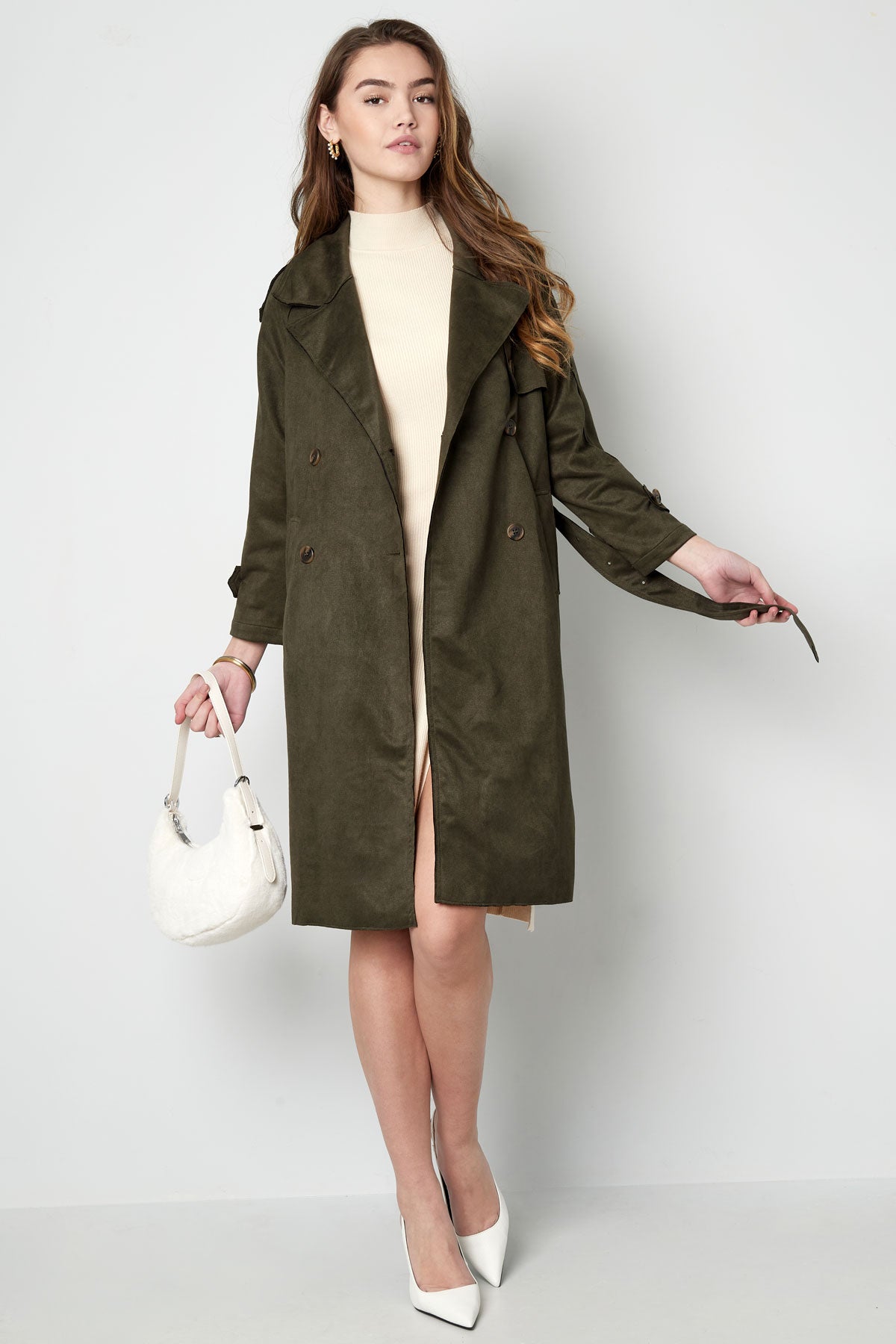 Suède Trenchcoat | Halflang | Herfst | Trenchcoat met dubbele knoopsluiting | Trenchcoat voor dames-Boetiek Moda