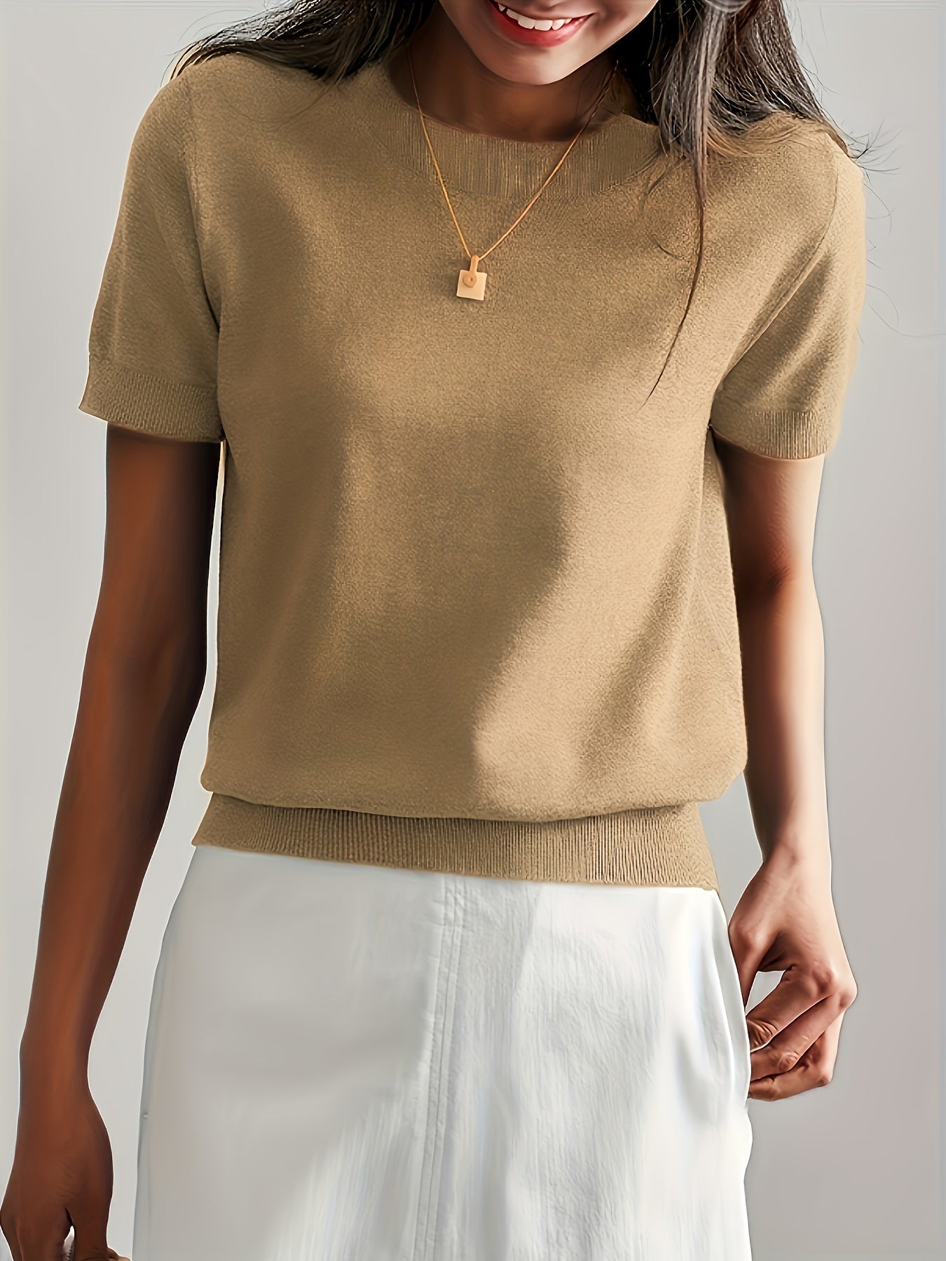 Sweater met korte mouwen - Kasjmier - Ronde hals - Gebreid T-shirt - Dameskleding-Boetiek Moda