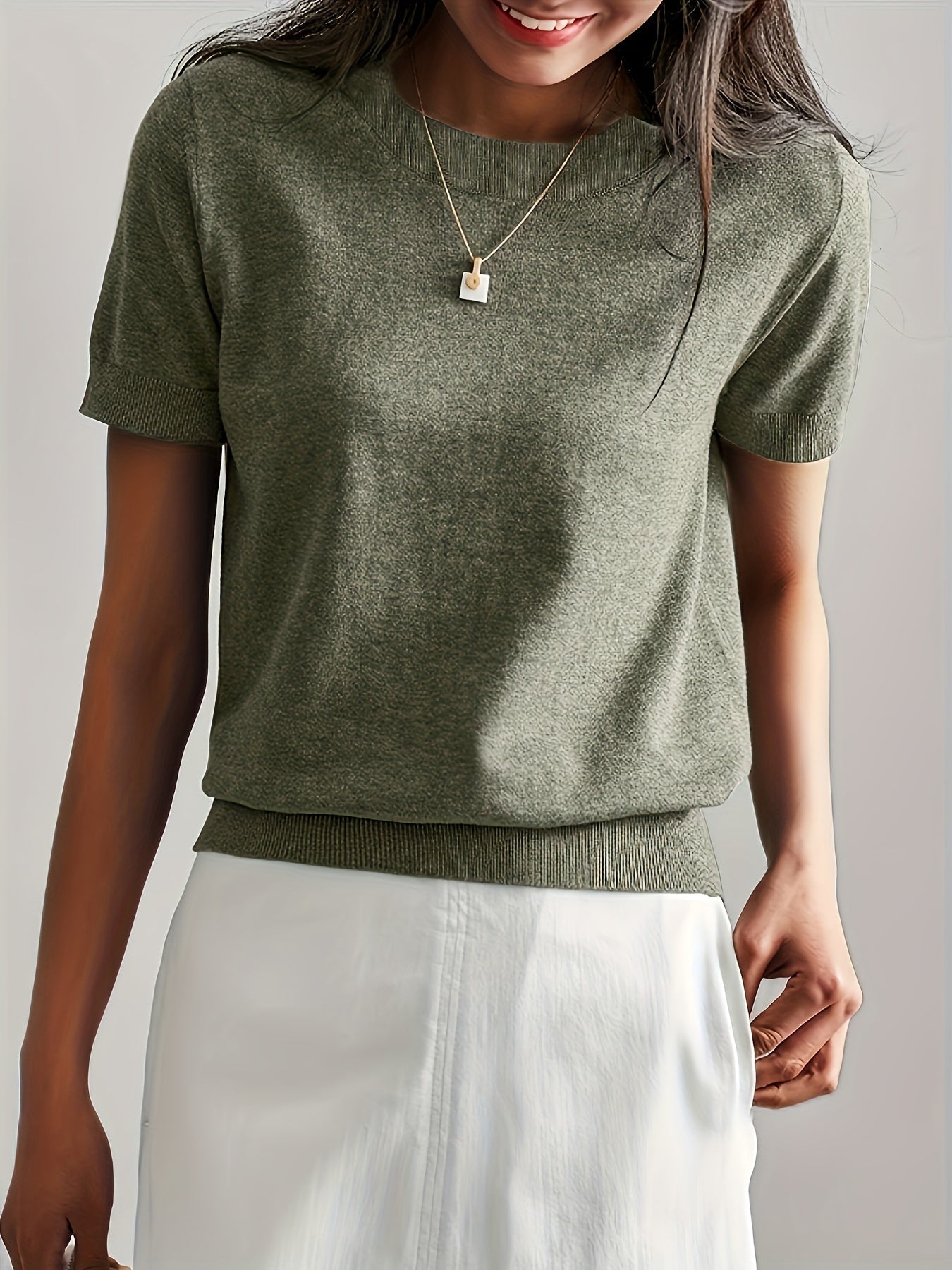 Sweater met korte mouwen - Kasjmier - Ronde hals - Gebreid T-shirt - Dameskleding-Boetiek Moda