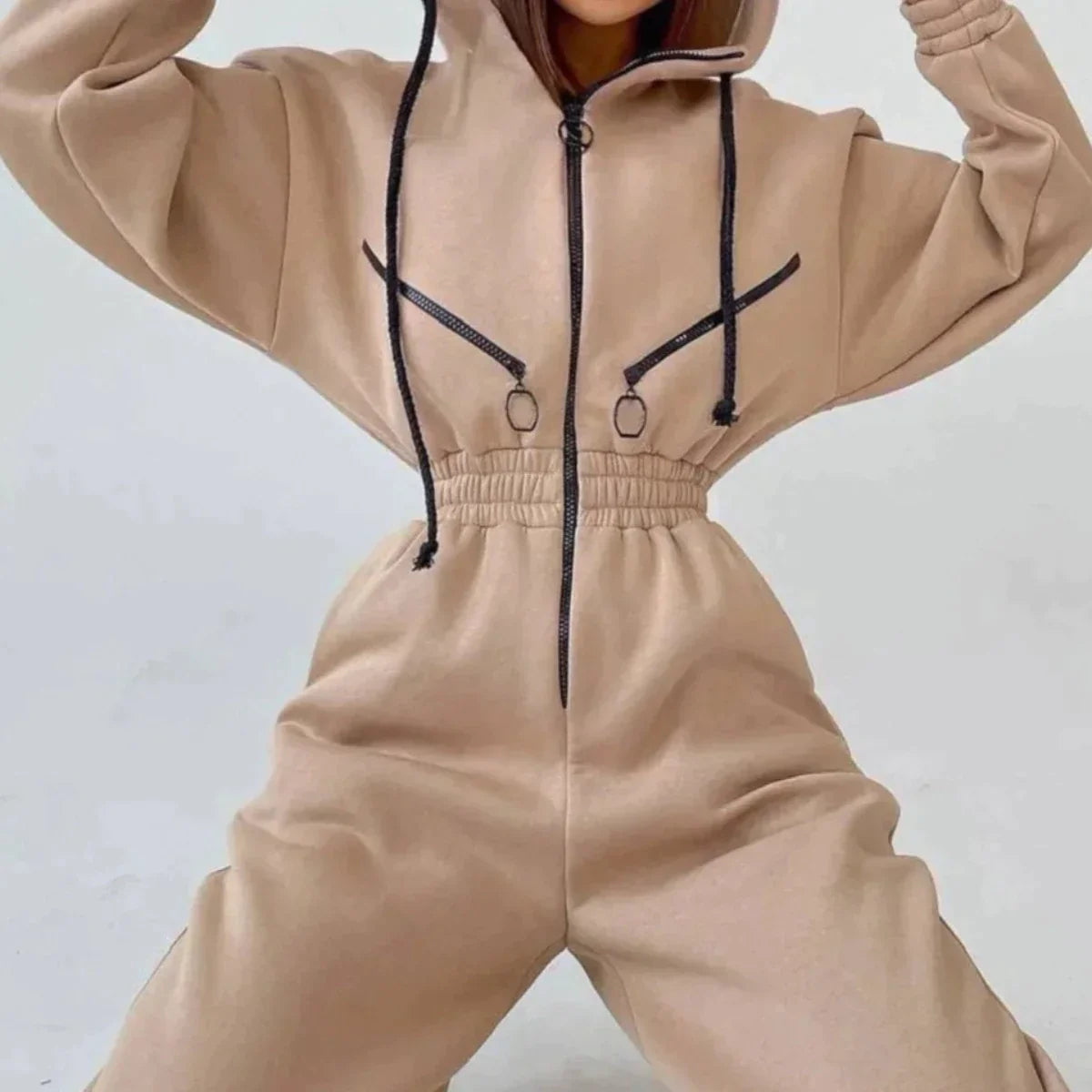Sweatsuit | Met capuchon | Gerimpelde taille | Casual jumpsuit | Jumpsuit voor dames-Boetiek Moda