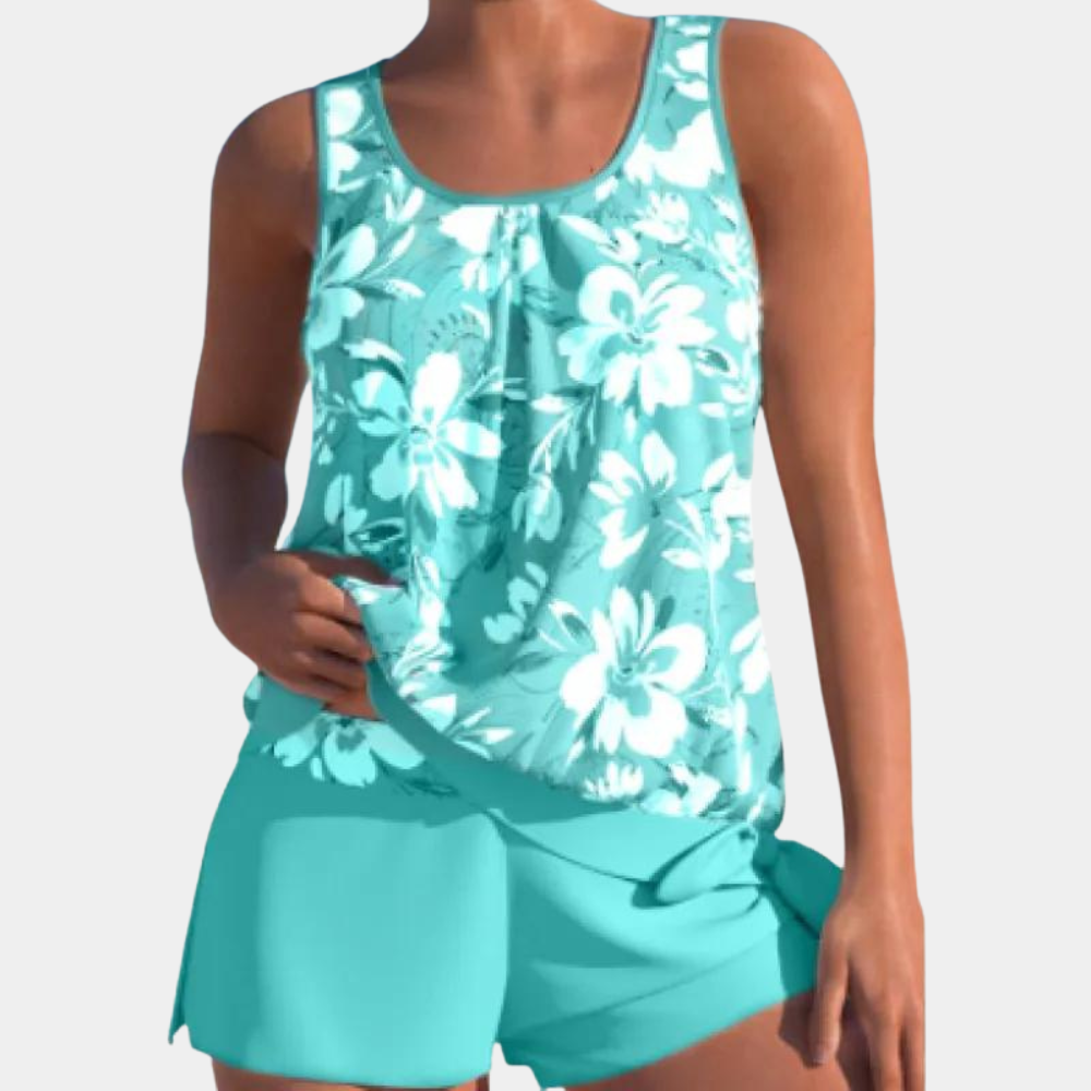 Tankini | Bloemenprint | Losse pasvorm | Zwemshort en top | Dameszwemkleding-Boetiek Moda