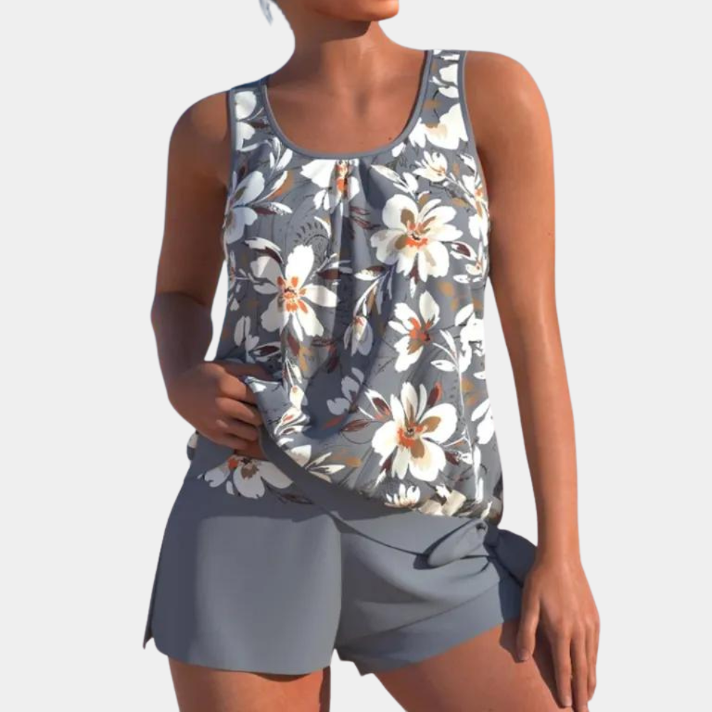 Tankini | Bloemenprint | Losse pasvorm | Zwemshort en top | Dameszwemkleding-Boetiek Moda