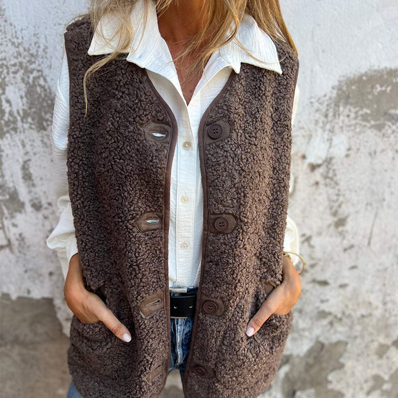 Teddy Gilet - Bruin - Button-Up - Teddy Fleece Vest - Dames Gilet-Boetiek Moda