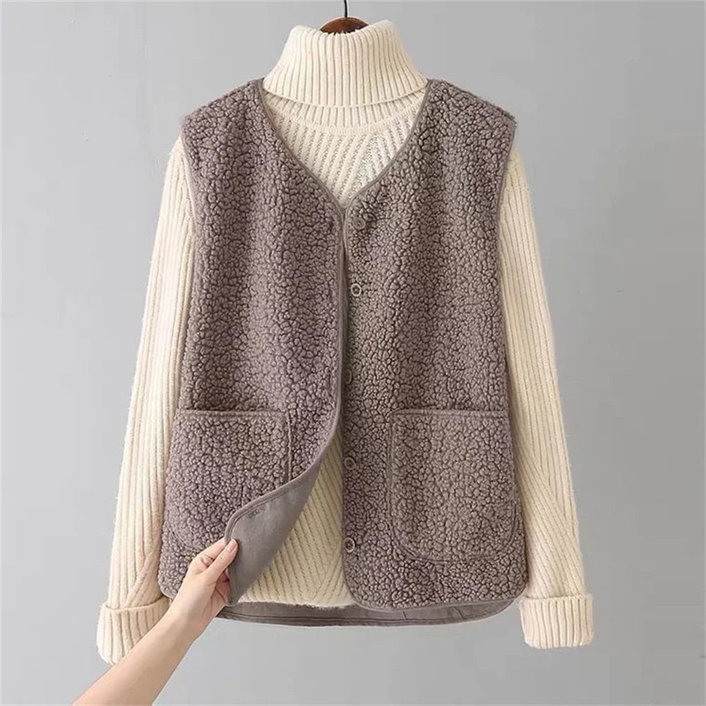 Teddyvest - Losse pasvorm - Fleece - Vest met knoopsluiting - Damesvest-Boetiek Moda
