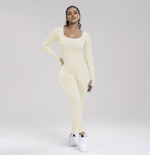 Trainings jumpsuit - dames jumpsuit met naadloze lange mouwen en vormgevende fitness jumpsuit-Boetiek Moda