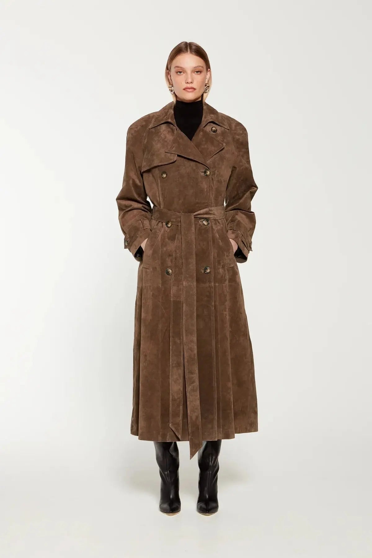 Trenchcoat - Bruin - Suède - Lange trenchcoat - Dames trenchcoat-Boetiek Moda