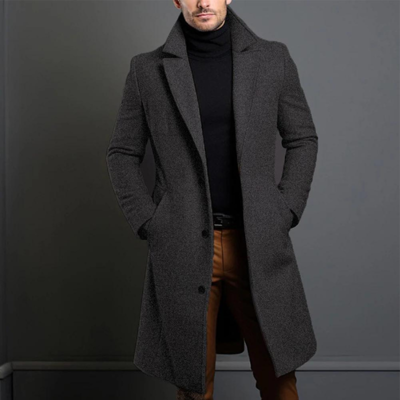 Trenchcoat - Klassieke lange wollen trenchcoat met één borst voor heren-Boetiek Moda