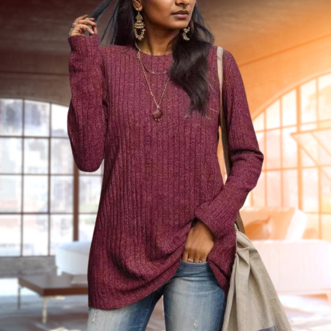 Trui | Los model | Ronde Hals | Geribbelde Top Met Lange Mouwen | Dameskleding-Boetiek Moda