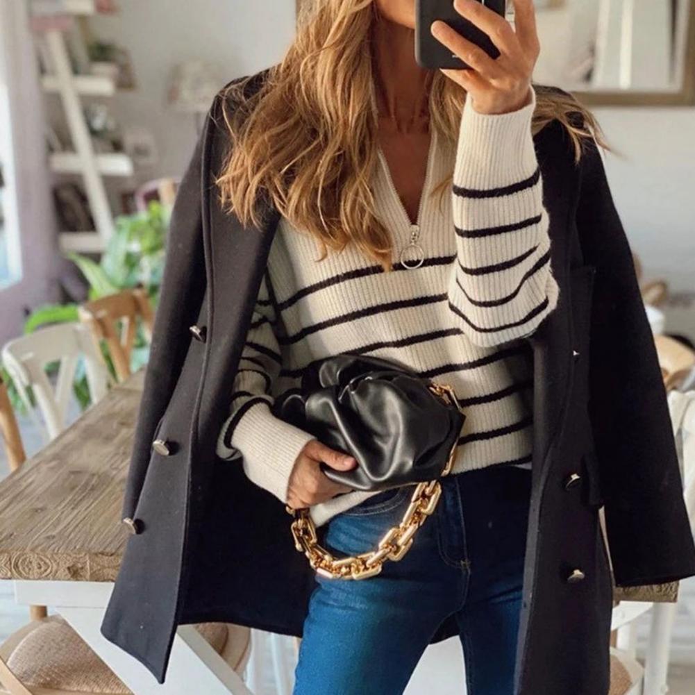 Trui met halve rits - Gebreid - Gestreept - Trui - Damesknitwear-Boetiek Moda