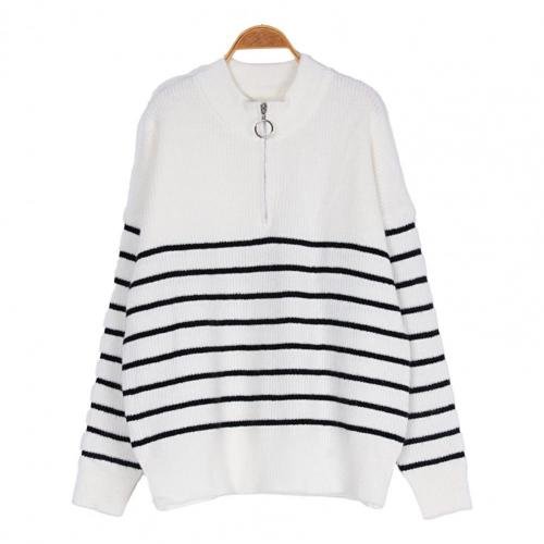 Trui met halve rits - Gebreid - Gestreept - Trui - Damesknitwear-Boetiek Moda