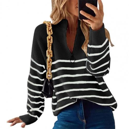 Trui met halve rits - Gebreid - Gestreept - Trui - Damesknitwear-Boetiek Moda