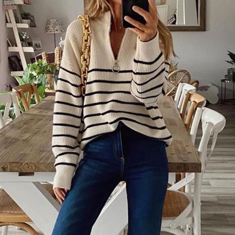 Trui met halve rits - Gebreid - Gestreept - Trui - Damesknitwear-Boetiek Moda