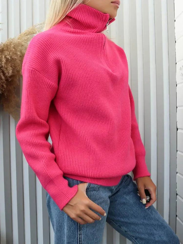 Trui met halve rits | Warme | Losse Pasvorm | Gebreide Trui | Winterkleding Voor Dames-Boetiek Moda