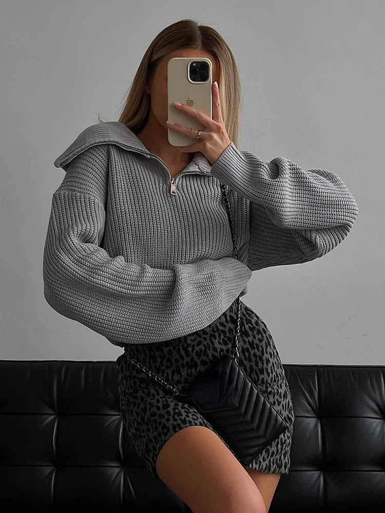 Trui met halve rits | Warme | Losse Pasvorm | Gebreide Trui | Winterkleding Voor Dames-Boetiek Moda