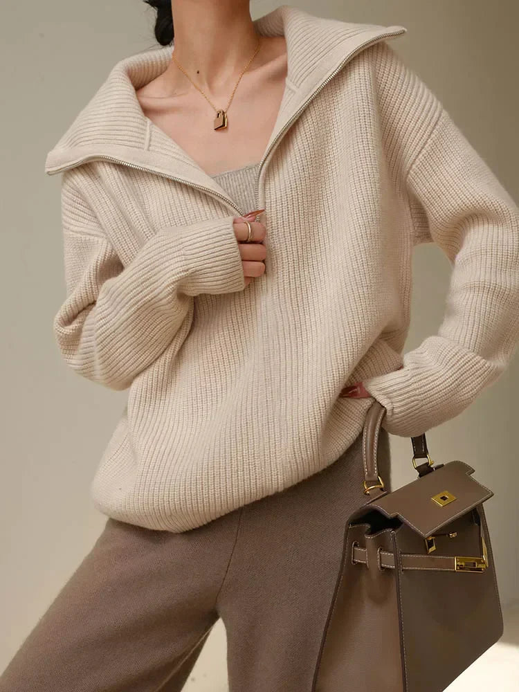 Trui met halve rits | Warme | Losse Pasvorm | Gebreide Trui | Winterkleding Voor Dames-Boetiek Moda