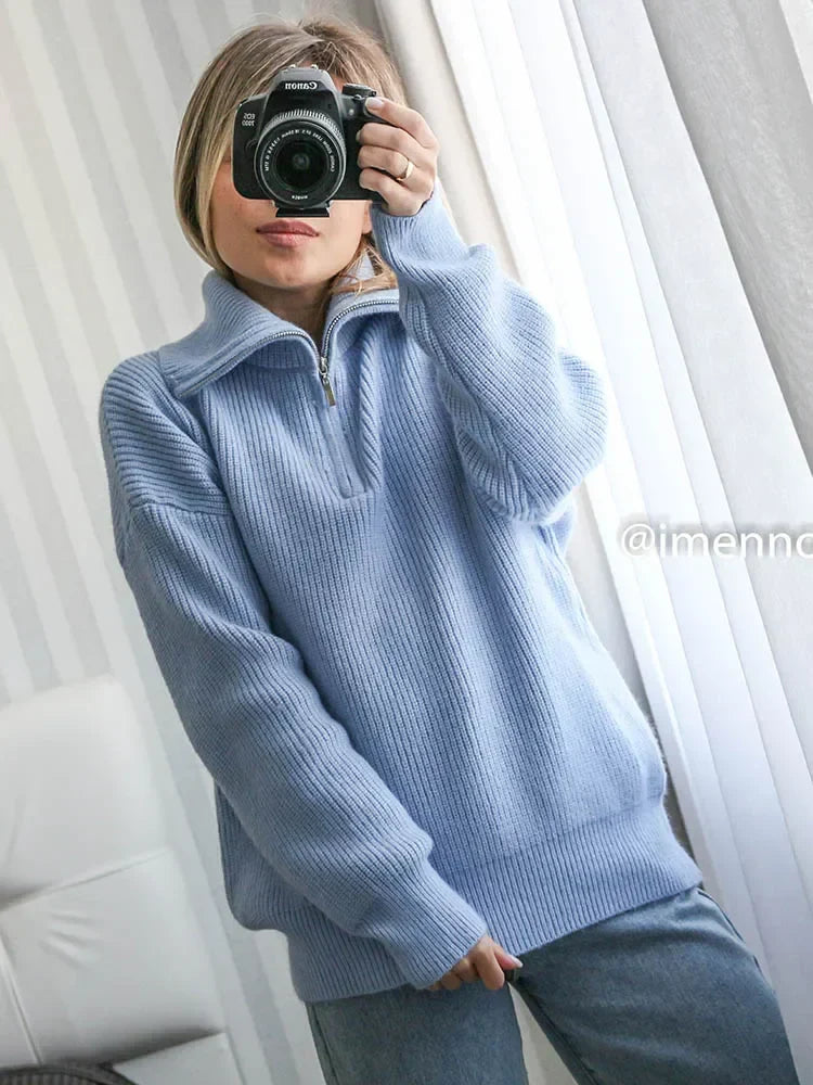 Trui met halve rits | Warme | Losse Pasvorm | Gebreide Trui | Winterkleding Voor Dames-Boetiek Moda