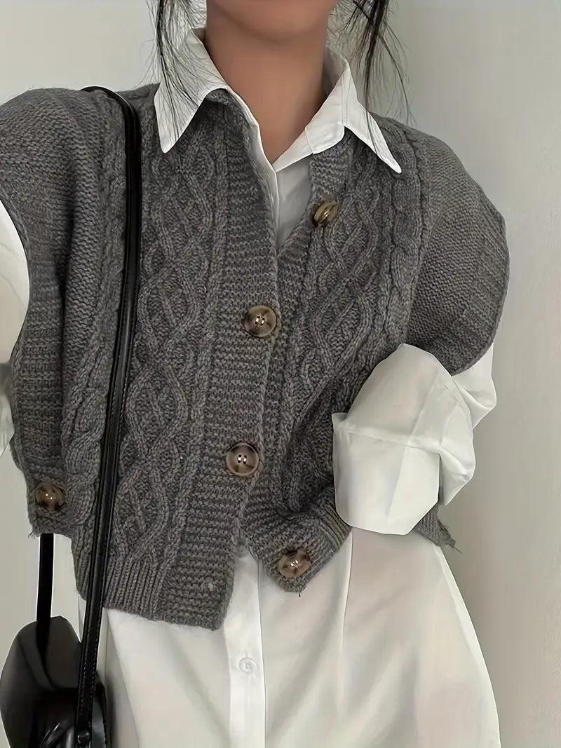 Trui zonder mouwen - Met knopen - Losse pasvorm - Gebreid vest - Damesbreigoed-Boetiek Moda