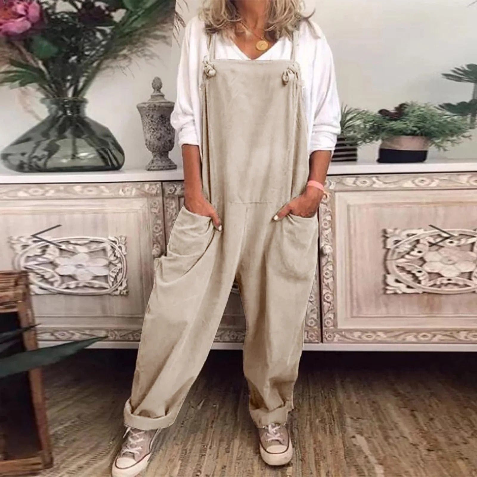 Tuinbroek - Dames mouwloze linnen jumpsuit met losse pasvorm-Boetiek Moda