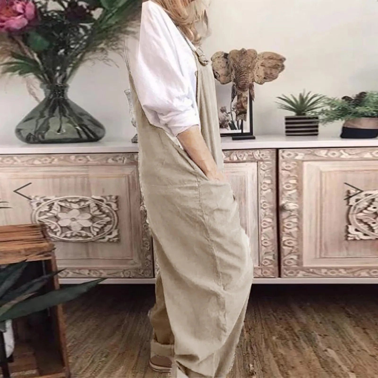 Tuinbroek - Dames mouwloze linnen jumpsuit met losse pasvorm-Boetiek Moda