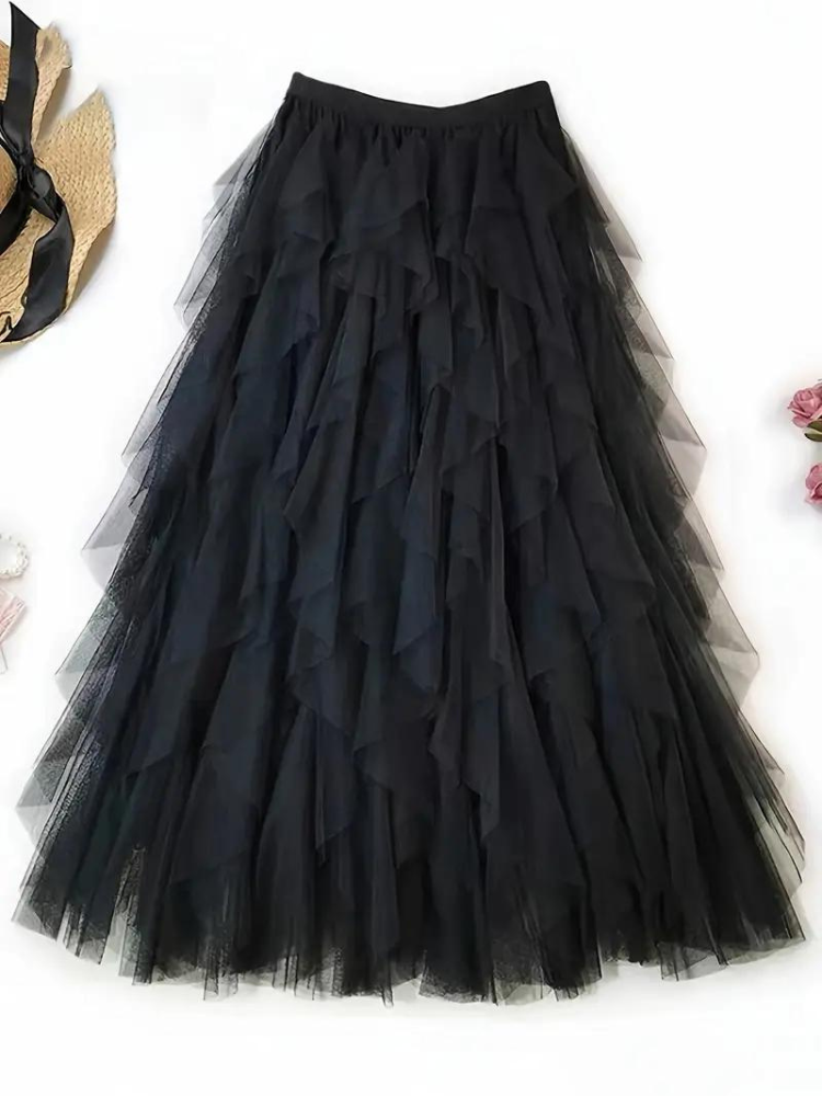 Tule Rok - Asymmetrische maxi-rok met hoge taille en ruches voor dames-Boetiek Moda