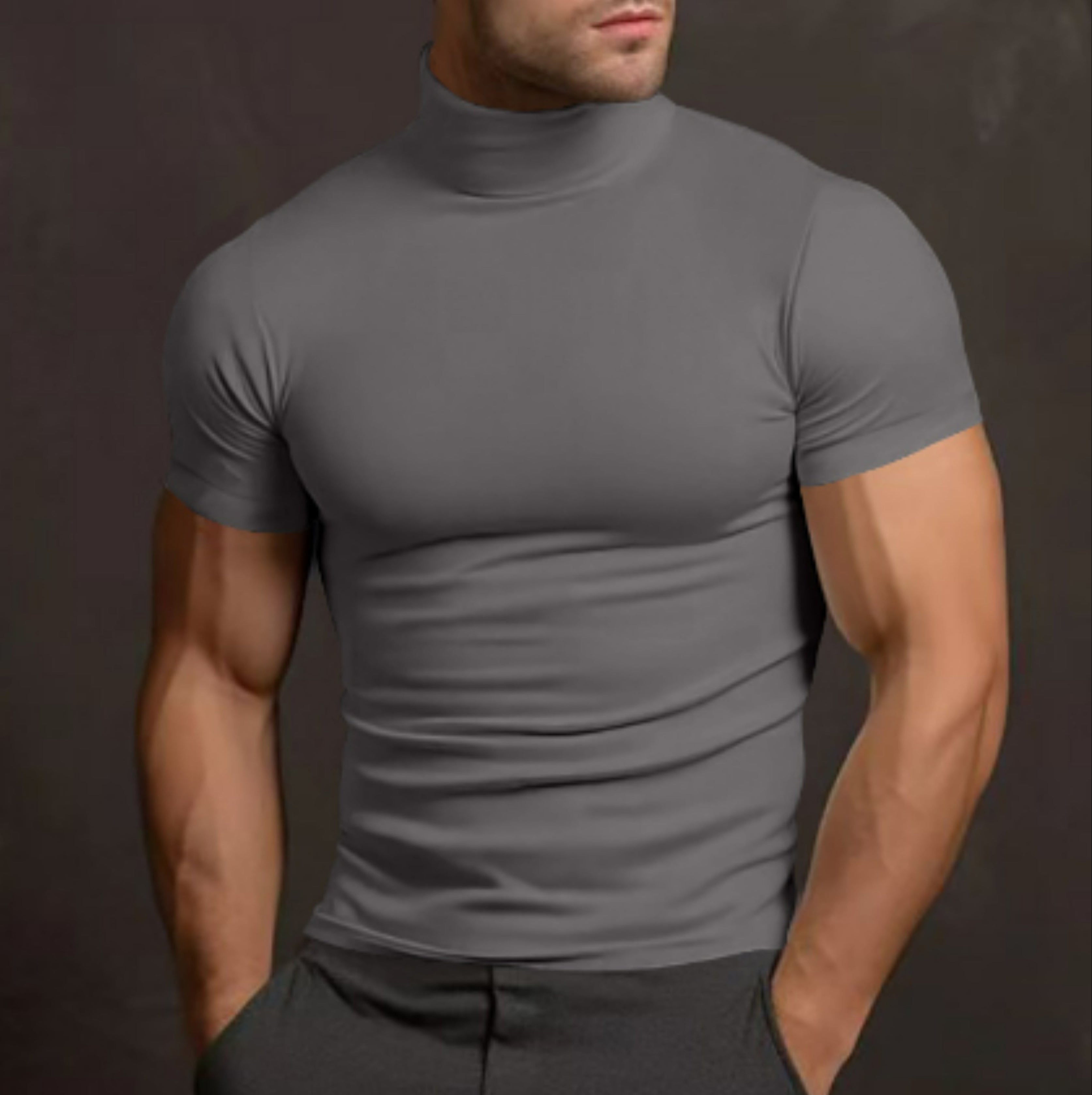 Turtleneck T-shirt - Heren trui met hoge kraag, slim fit en korte mouwen-Boetiek Moda