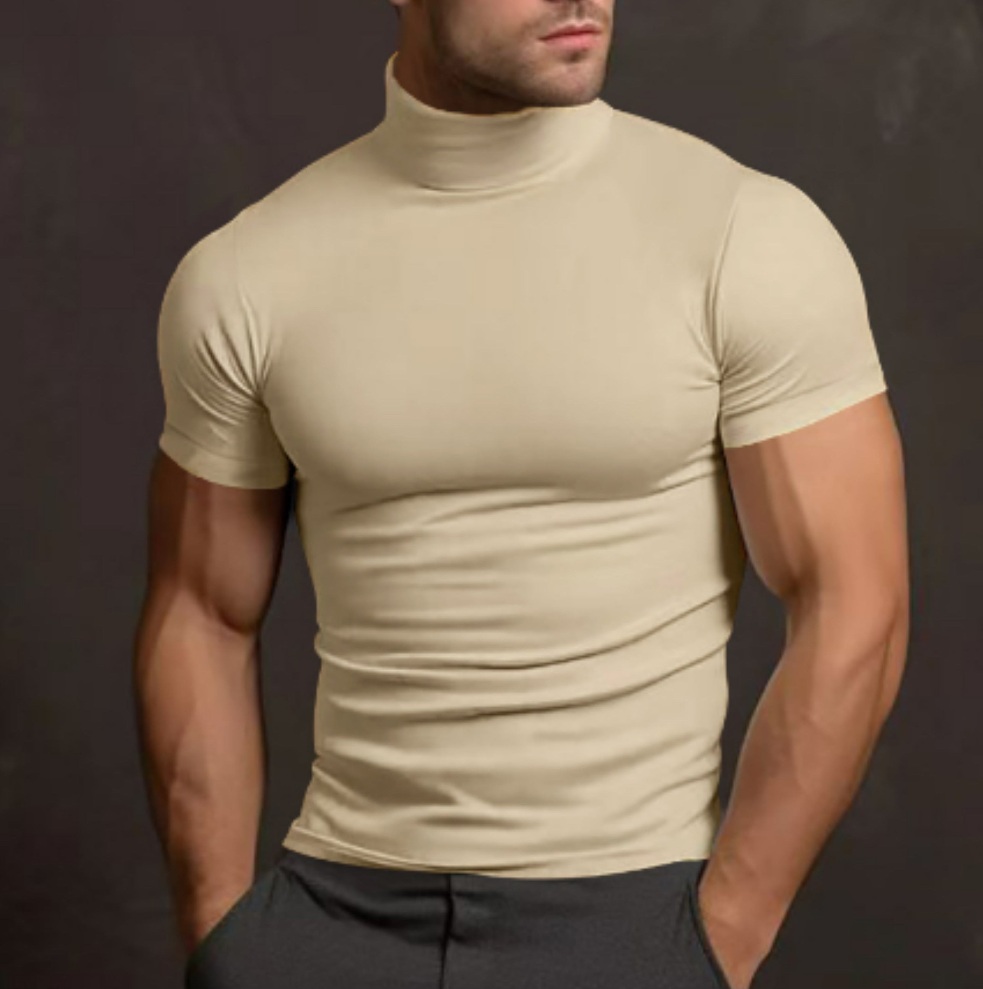 Turtleneck T-shirt - Heren trui met hoge kraag, slim fit en korte mouwen-Boetiek Moda