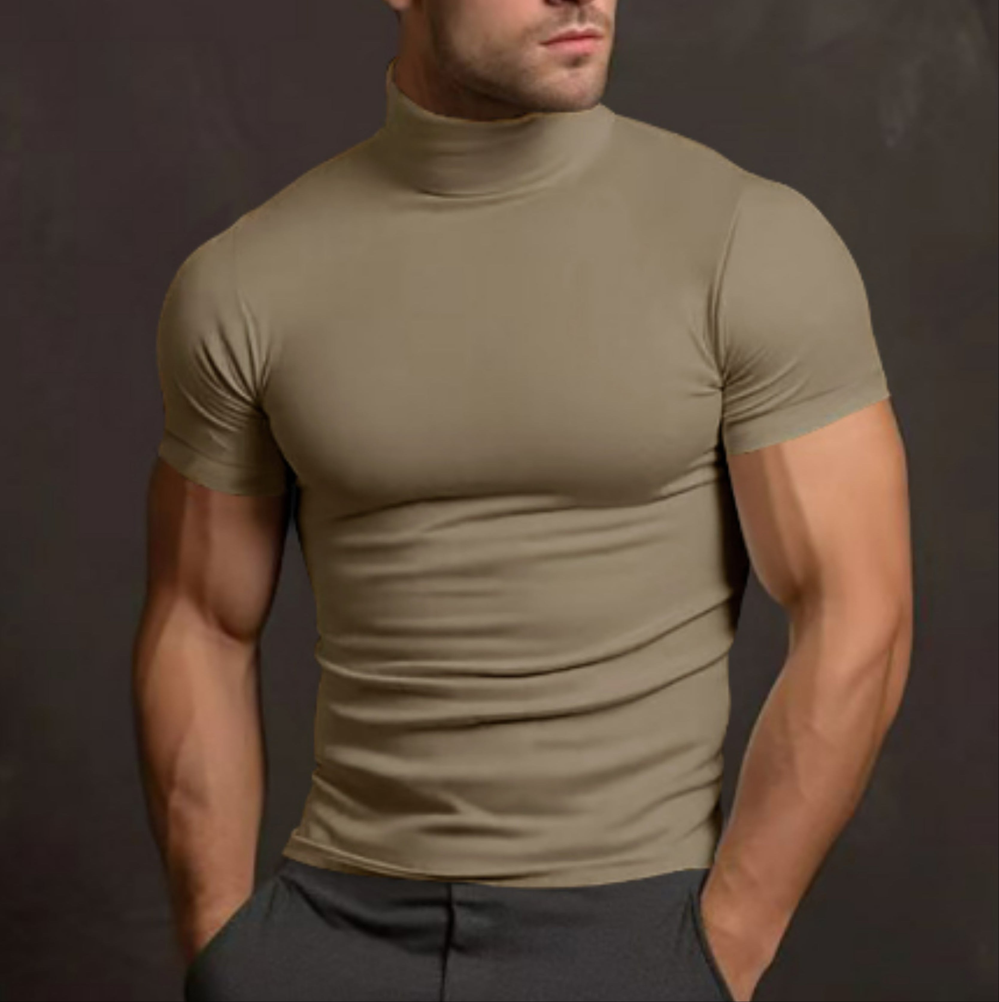 Turtleneck T-shirt - Heren trui met hoge kraag, slim fit en korte mouwen-Boetiek Moda