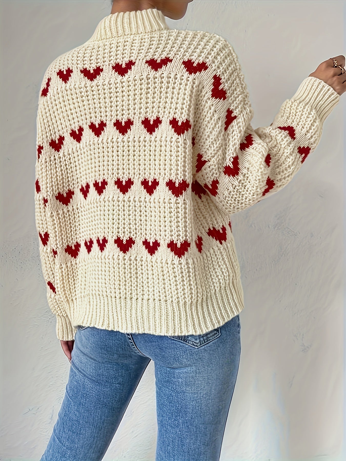 Turtleneck Trui | Hartjesprint | Hoge kraag | Gebreide trui | Dames trui-Boetiek Moda