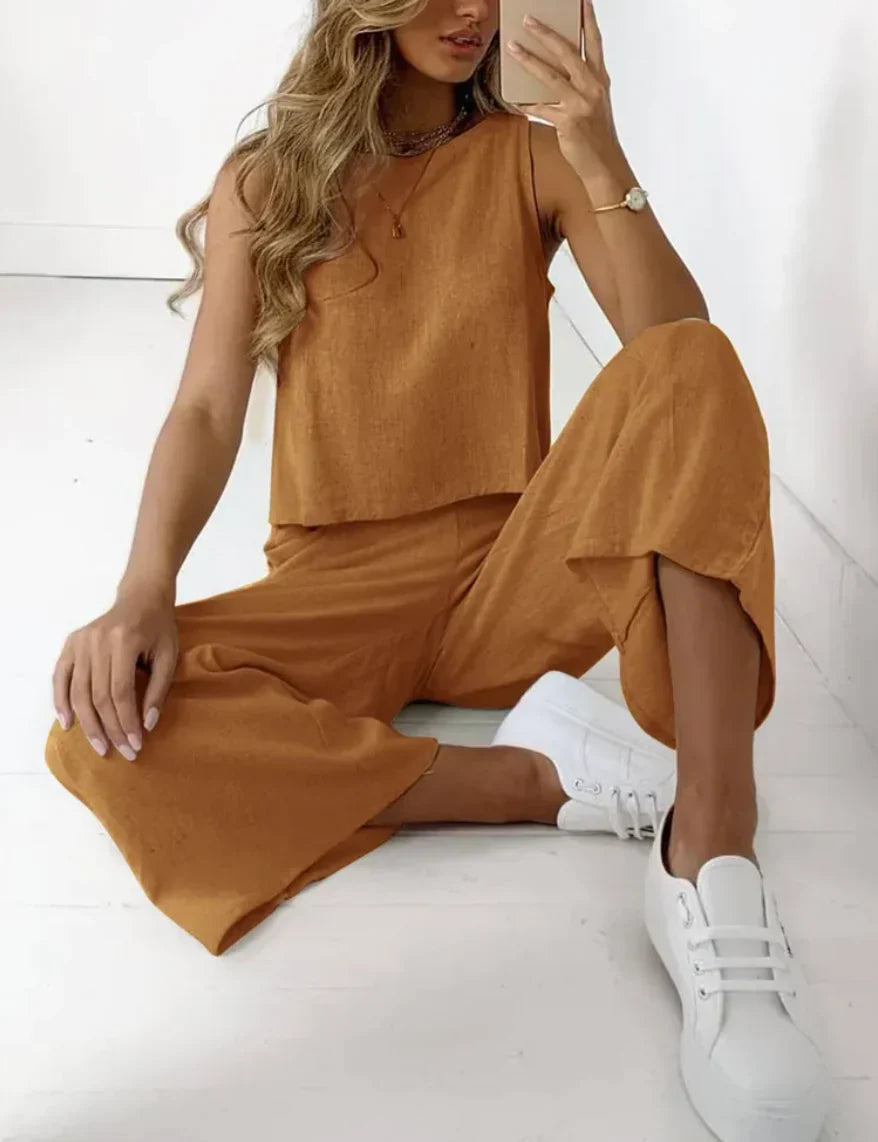 Tweedelige Set | Mouwloos | Wijde pijpen | Bijpassende top en broek | Damescollectie-Boetiek Moda